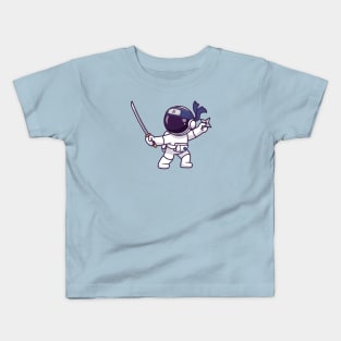 Cute Astronaut Ninja Holding Sword And Shuriken Cartoon Kids T-Shirt